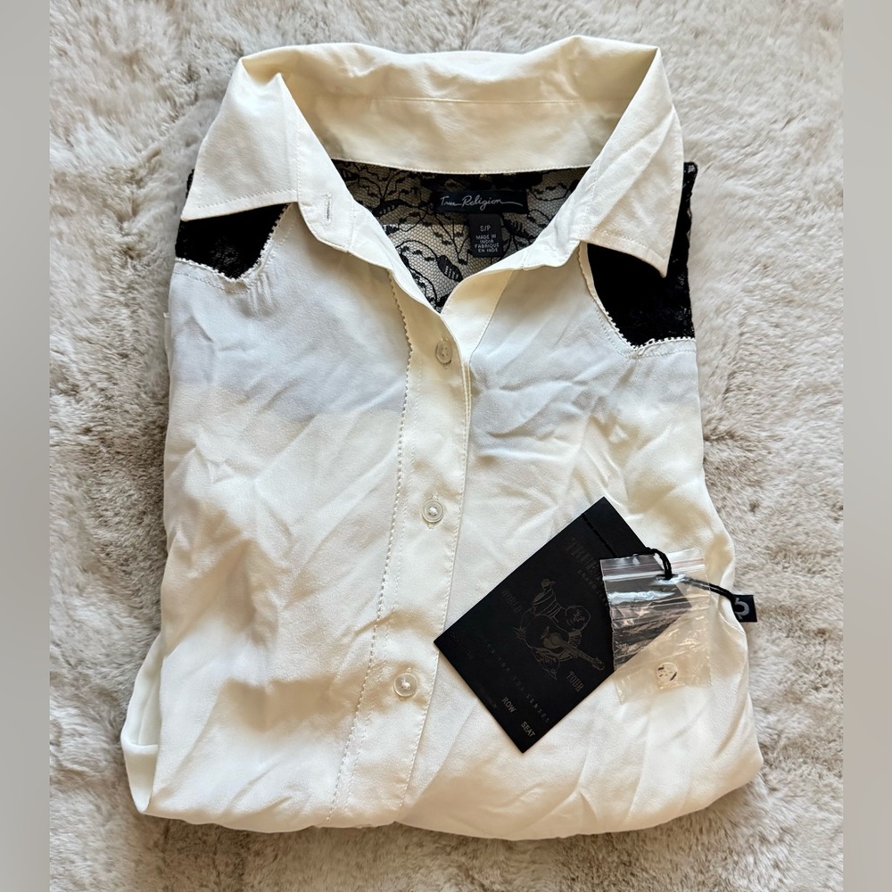 NWT True Religion Silk Women’s Long Sleeve Lace Cream Blouse Size Small Petite - Picture 8 of 14